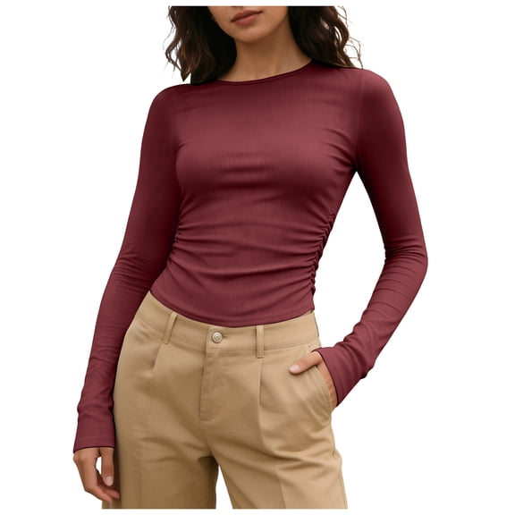 yueewhu Long Sleeve Shirts for women-Underscrub Crew Neck Slim Fit Basic Tops for Teens Workout Going Out Y2K Fall Fashion 2026 (Wine, XXL)