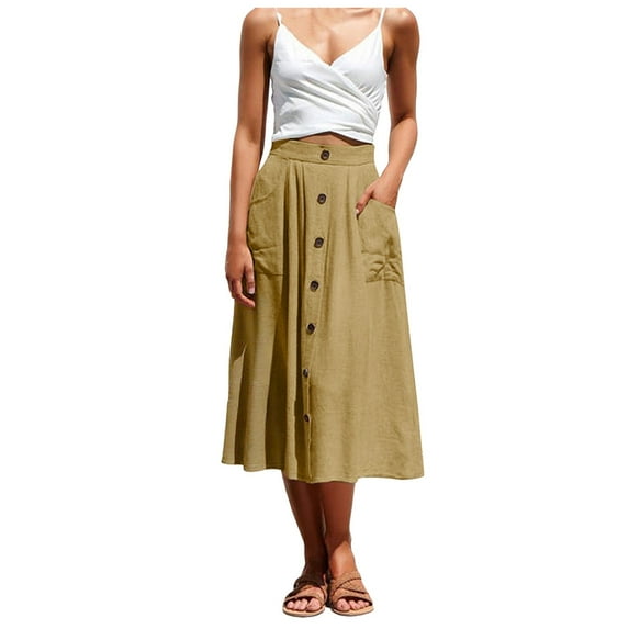 yueewhu Midi Skirts for Womens High Elastic Waist Pleated A Line Midi Skirt Casual Button Front Flared Skirts with Pockets (Khaki, S)