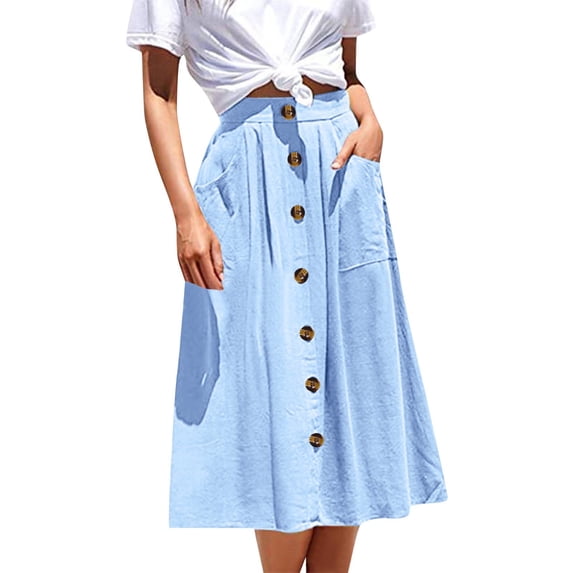 yueewhu Midi Skirts for Womens High Elastic Waist Pleated A Line Midi Skirt Casual Button Front Flared Skirts with Pockets (Light Blue, S)