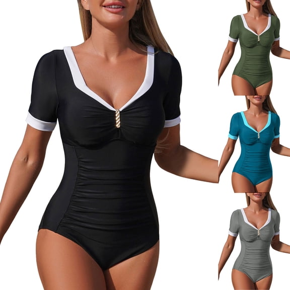 yueewhu One Piece Swimsuit Women Tummy Control 2026 Modest Short Sleeves Slim Cheeky V Neck Push Up Color Block Bathing Suits (Grey, M)
