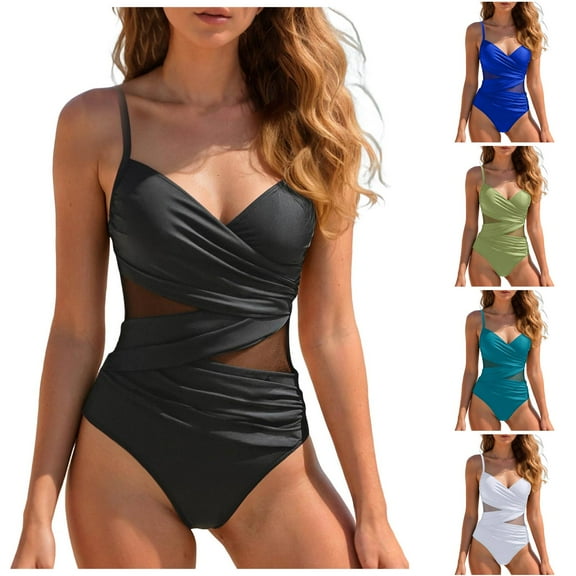 yueewhu One Piece Swimsuit for Women Sexy Slimming Tummy Control Bathing Suit 2026 Sheer Mesh Wrapped Swimwear (Navy, L)