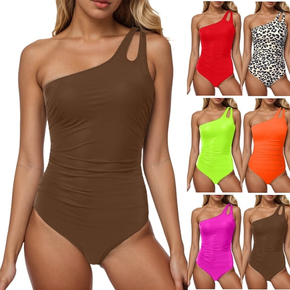 yueewhu One Shoulder One Piece Swimsuit for Women Tummy Control Bathing Suits Modest Full Coverage Keyhole Swimwear (Coffee, XXL)