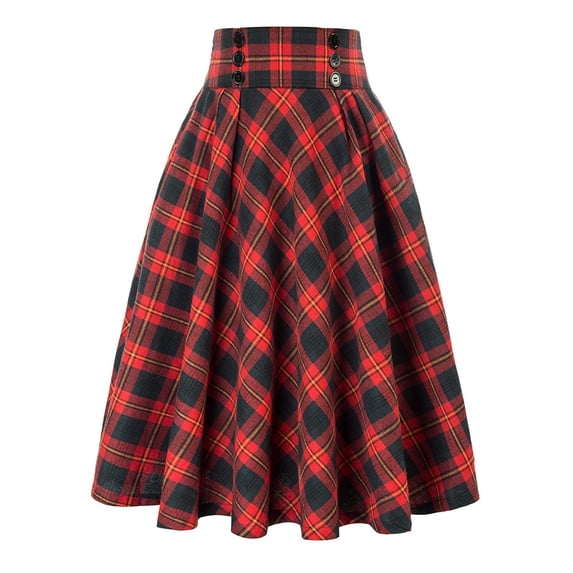 yueewhu Plaid Skirt for Womens High Waist Aline Pleated Midi Skirts (Brick Red, XL)