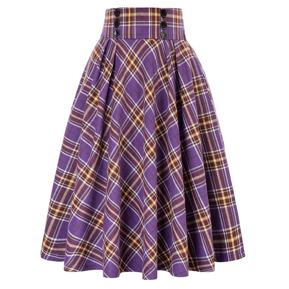 yueewhu Plaid Skirt for Womens High Waist Aline Pleated Midi Skirts (Dark Purple, XXL)