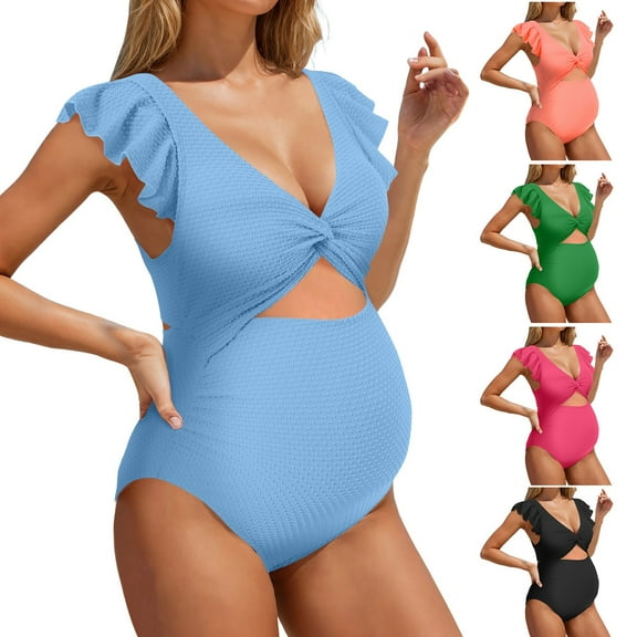 yueewhu Ruffle Ribbed Maternity Swimsuit One Piece High Waisted Pregnancy Bathing Suits Push Up Swimwear (Black, L)