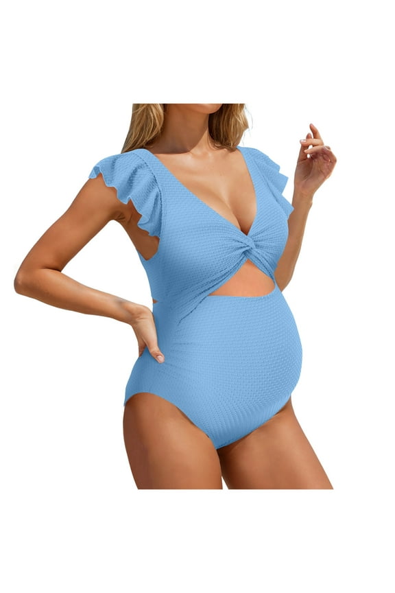 Ruffle Ribbed Maternity Swimsuit One Piece High Waisted Pregnancy Bathing Suits Push Up Swimwear (Blue, XL)