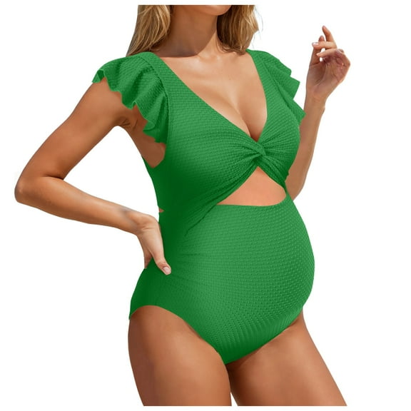 yueewhu Ruffle Ribbed Maternity Swimsuit One Piece High Waisted Pregnancy Bathing Suits Push Up Swimwear (Green, L)