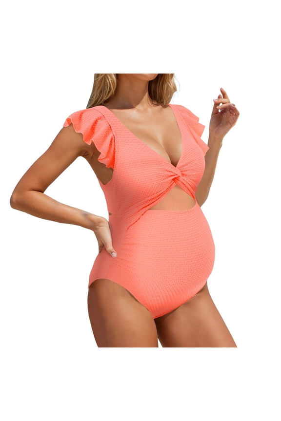 Ruffle Ribbed Maternity Swimsuit One Piece High Waisted Pregnancy Bathing Suits Push Up Swimwear (Orange, S)