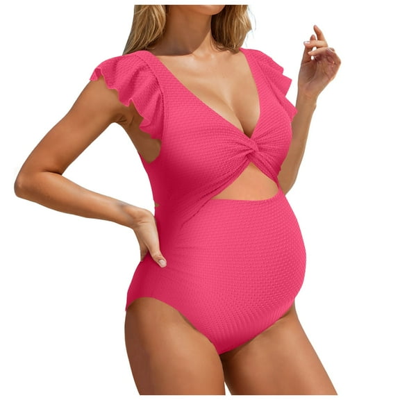 yueewhu Ruffle Ribbed Maternity Swimsuit One Piece High Waisted Pregnancy Bathing Suits Push Up Swimwear (Pink, XL)