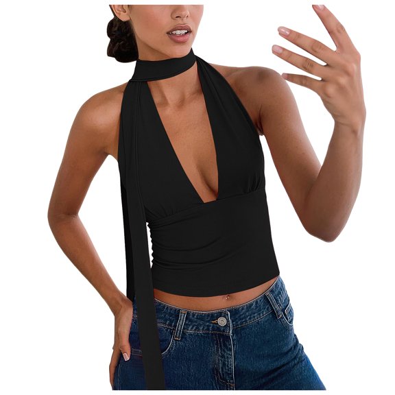 yueewhu Sexy Tops for Women Going Out Halter Scarf Crop Top Deep V Sleeveless Backless Vest Party Clubwear (Black, L)
