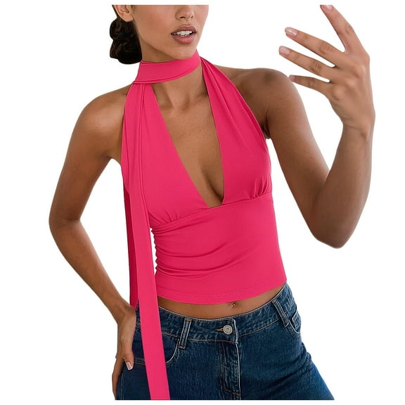 yueewhu Sexy Tops for Women Going Out Halter Scarf Crop Top Deep V Sleeveless Backless Vest Party Clubwear (Hot Pink, L)