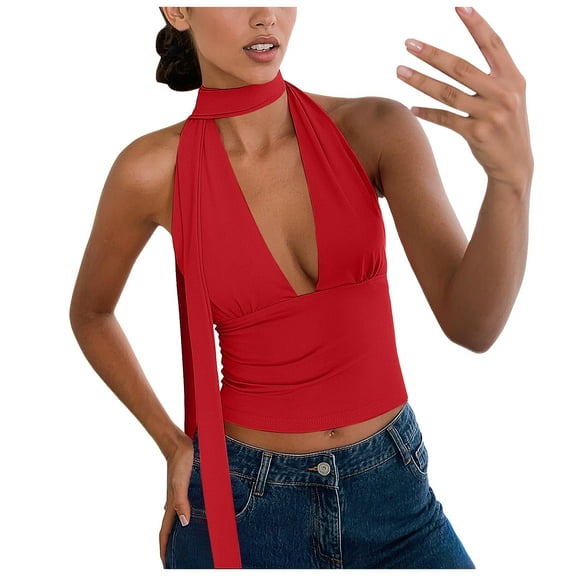 yueewhu Sexy Tops for Women Going Out Halter Scarf Crop Top Deep V Sleeveless Backless Vest Party Clubwear (Red, S)