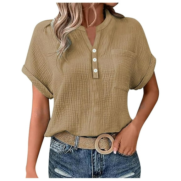 yueewhu Summer Shirts for Women 2026 Short Sleeve Loose Fit Dressy Casual Button Up Guaze Shirt Lightweight V Neck Tops (Khaki, M)