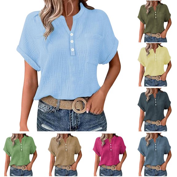 yueewhu Summer Shirts for Women 2026 Short Sleeve Loose Fit Dressy Casual Button Up Guaze Shirt Lightweight V Neck Tops (Light Blue, XL)