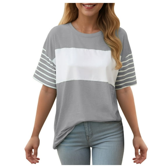yueewhu Summer Tops Trendy Oversized 2026 Crewneck Casual Color Block Striped Womens Shirts Blouses (Light Gray, XL)