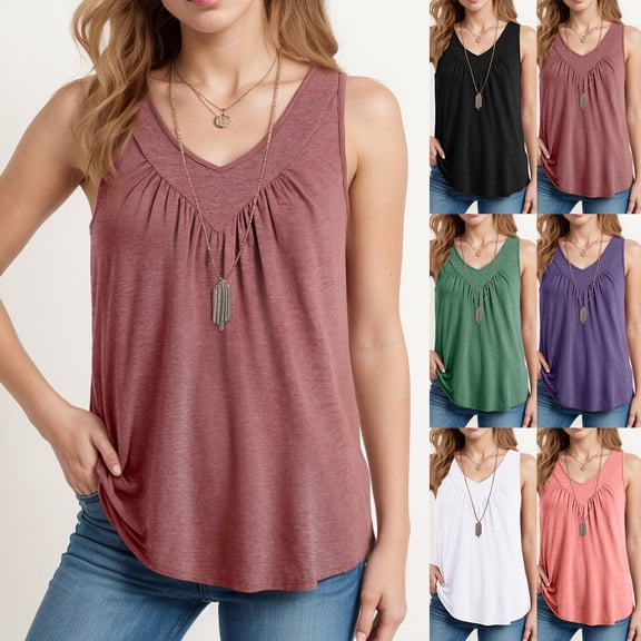 yueewhu Tank Top for Women Loose Fit Sleeveless Shirts V Neck Summer Clothes Ruched Women's Tees and Tanks Curved Hem (Red, XXL)