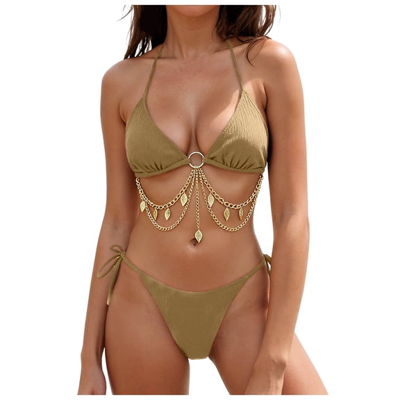 yueewhu Triangle Bikini Set for Women Rave Outfits Body Chain Halter Top String Strap Bottom Sexy Bathing Swimsuits (Khaki, M)
