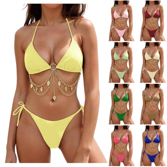 yueewhu Triangle Bikini Set for Women Rave Outfits Body Chain Halter Top String Strap Bottom Sexy Bathing Swimsuits (Light Green, S)