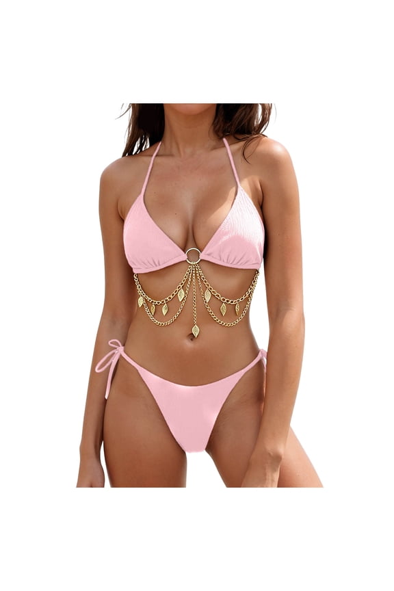 Triangle Bikini Set for Women Rave Outfits Body Chain Halter Top String Strap Bottom Sexy Bathing Swimsuits (Pink, XL)