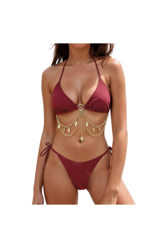 Triangle Bikini Set for Women Rave Outfits Body Chain Halter Top String Strap Bottom Sexy Bathing Swimsuits (Wine, XL)