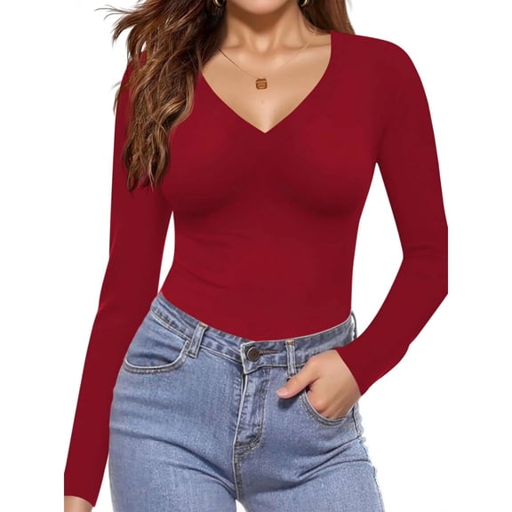 yueewhu V Neck Tops Sexy Shirts for Women Fitted Tight T Shirts Basic Tee (Red, M)
