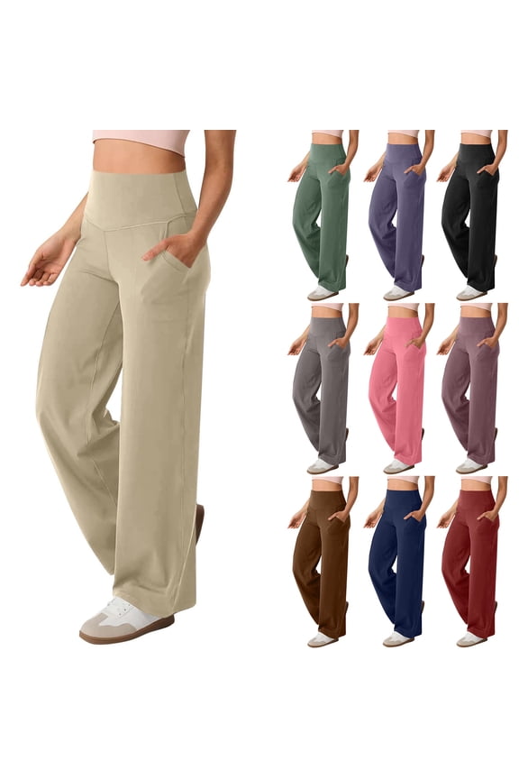 Wide Leg Pants for Women Loose Yoga Pants with Pockets Petite/Regular/Tall Stretch Casual Lounge Pants (Black, L)