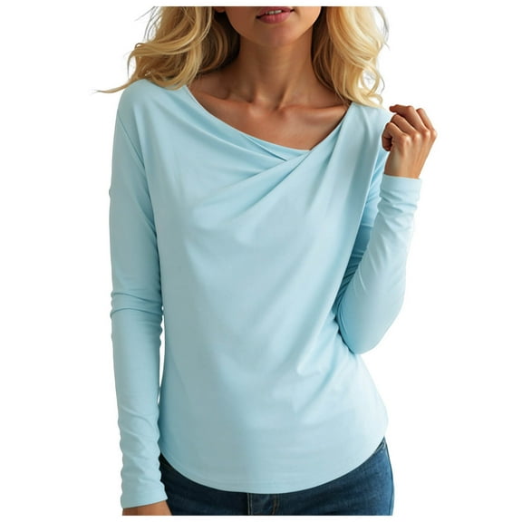 yueewhu Women Fashion Long Sleeve Tops Fall Going Out Slim Fitted Shirts Y2K Asymmetrical Neck Blouse (Sky Blue, XXL)