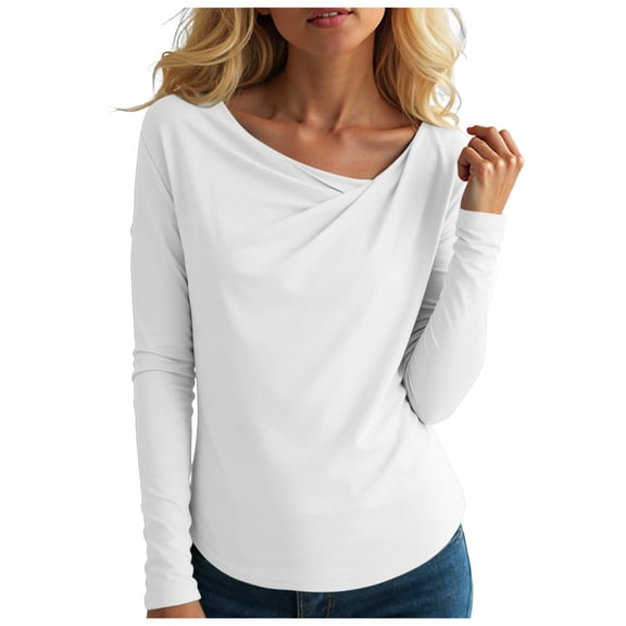 yueewhu Women Fashion Long Sleeve Tops Fall Going Out Slim Fitted Shirts Y2K Asymmetrical Neck Blouse (White, L)