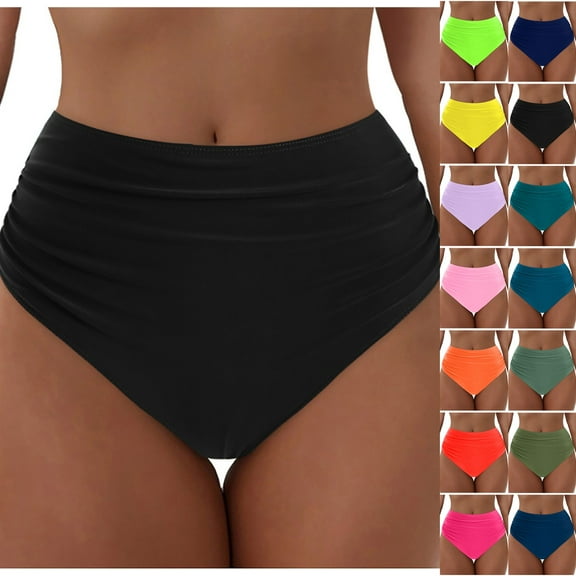 yueewhu Women High Waisted Bikini Bottom Retro Ruched Swim Bottom Shirred Tankinis Brief (Dark Blue, M)