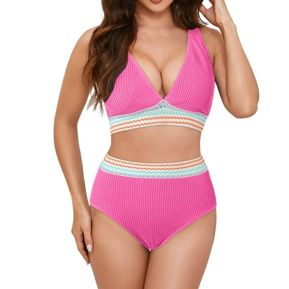 yueewhu Women High Waisted Bikini Sets Deep V Neck Tummy Control Swimsuits Color Block Two Piece Bathing Suit (Pink, S)