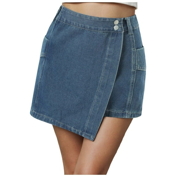yueewhu Women High Waisted Wrap Denim Shorts Casual Y2k Denim Cargo Jeasn Skort Cross Over Waist Asymmetrical Mini Shorts (Blue, M)