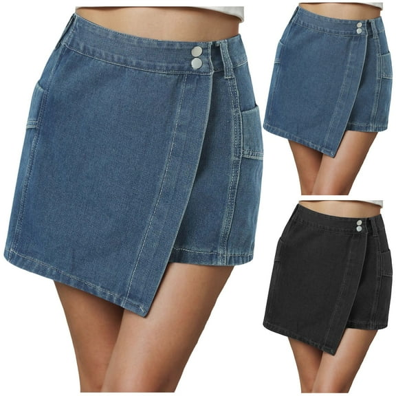 yueewhu Women High Waisted Wrap Denim Shorts Casual Y2k Denim Cargo Jeasn Skort Cross Over Waist Asymmetrical Mini Shorts (Blue, XL)