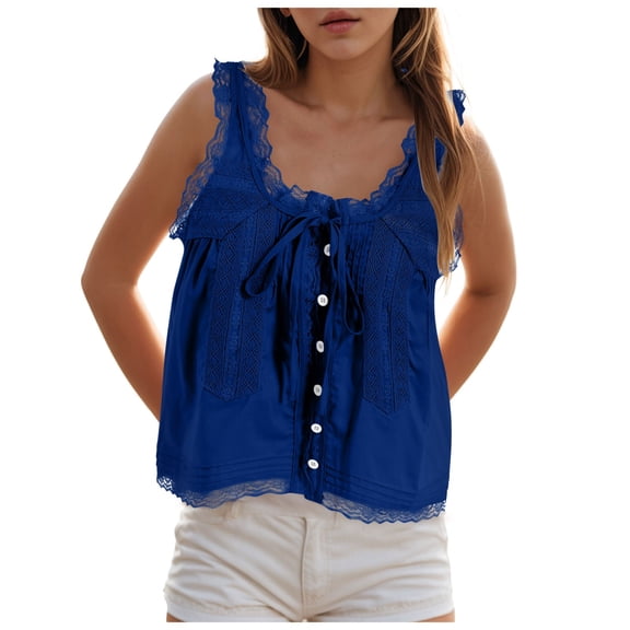 yueewhu Women Lace Eyelet Tank Top Square Neck Ruffle Peplum Cami Top Lace Trim Embroidery Sleeveless Tank Vest (Blue, M)