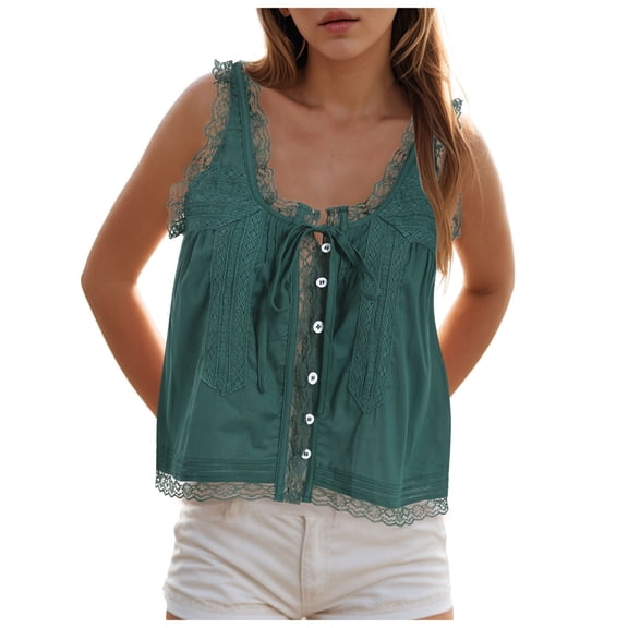 yueewhu Women Lace Eyelet Tank Top Square Neck Ruffle Peplum Cami Top Lace Trim Embroidery Sleeveless Tank Vest (Dark Green, M)