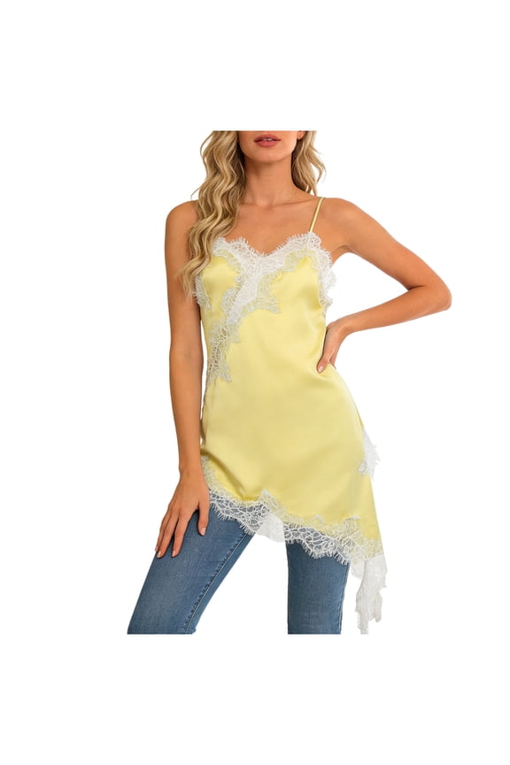 Women Lace Trim Satin High Low Tops Silk Spaghetti Strap Asymmetrical Side Split Cami Top Flowy Silky Layering Tops (Yellow, XS)