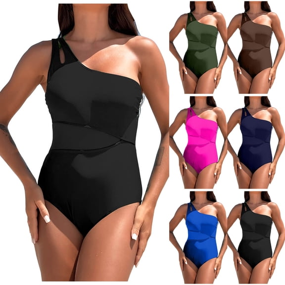 yueewhu Women One Piece Swimsuits Tummy Control One Shoulder Bathing Suits Cutout Asymmetrical Padded Swimwear (Black, L)