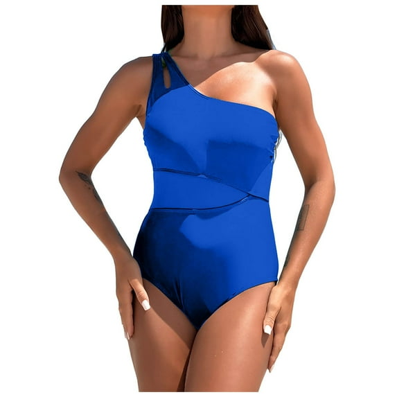yueewhu Women One Piece Swimsuits Tummy Control One Shoulder Bathing Suits Cutout Asymmetrical Padded Swimwear (Blue, XL)