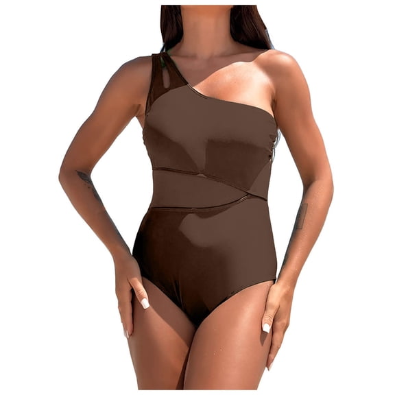 yueewhu Women One Piece Swimsuits Tummy Control One Shoulder Bathing Suits Cutout Asymmetrical Padded Swimwear (Coffee, XXL)