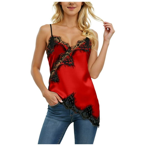 yueewhu Women Satin Lace Camisole Top Sleeveless Spaghetti Strap Silk Lace Trim Cami Top Asymmetrical Tank Top Streewear (Red, M)