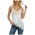 thumbnail image 1 of yueewhu Women Satin Lace Camisole Top Sleeveless Spaghetti Strap Silk Lace Trim Cami Top Asymmetrical Tank Top Streewear (White, L), 1 of 5