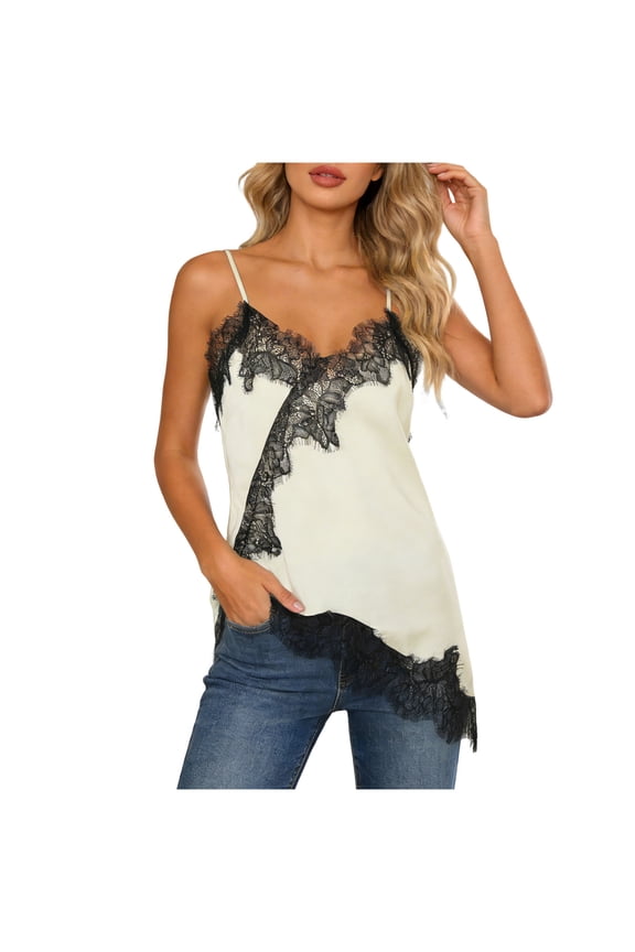 Women Sexy Spaghetti Strap Lace Trim Satin Tank Top Y2k Solid V Neck Backless Asymmetrical Hem Silk Cami Shirt (Rose Gold, XS)