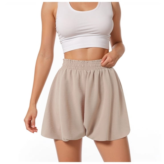 yueewhu Women Shorts Elastic Waist Wide Leg Flowy Baggy Boxer Shorts Summer Vacation Boho Casual Outfits 2026 (Khaki, S)