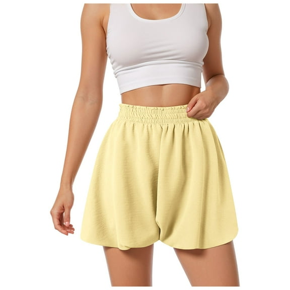 yueewhu Women Shorts Elastic Waist Wide Leg Flowy Baggy Boxer Shorts Summer Vacation Boho Casual Outfits 2026 (Yellow, L)