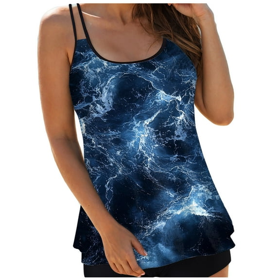 yueewhu Women Tankini Swim Top Only - Tummy Control Swimsuit Bathing Suit Top (Dark Blue, L)