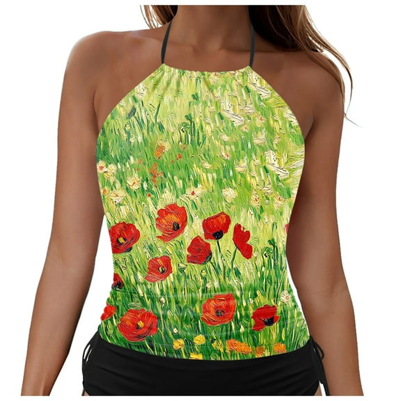 yueewhu Women Tankini Top Only High Neck Bathing Suit Top Tummy Control Ruched Swimsuit Without Bottom (Green, S)
