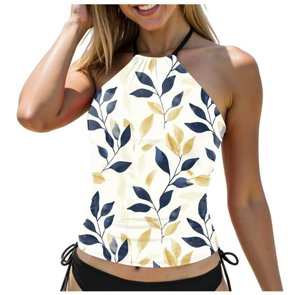 yueewhu Women Tankini Top Only High Neck Bathing Suit Top Tummy Control Ruched Swimsuit Without Bottom (Khaki, S)