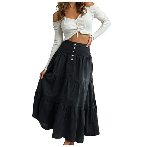 yueewhu Women Tiered Ruffle Hem Denim Maxi Skirt Solid High Waist Buttons Jean Skirt Vintage Washed Swing Party Streetwear (Black, S)
