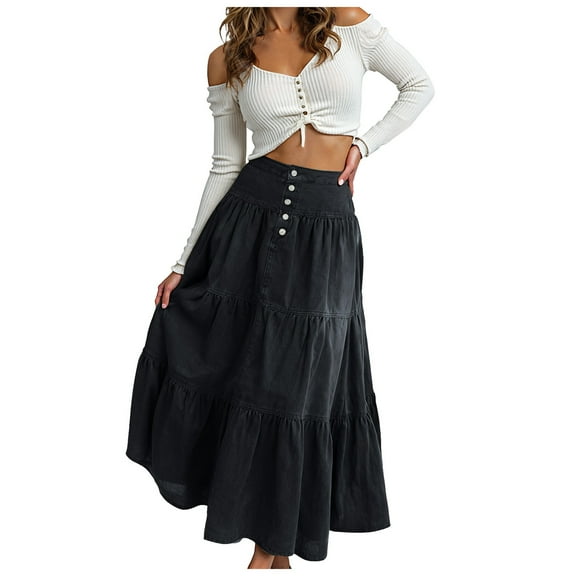 yueewhu Women Tiered Ruffle Hem Denim Maxi Skirt Solid High Waist Buttons Jean Skirt Vintage Washed Swing Party Streetwear (Black, S)