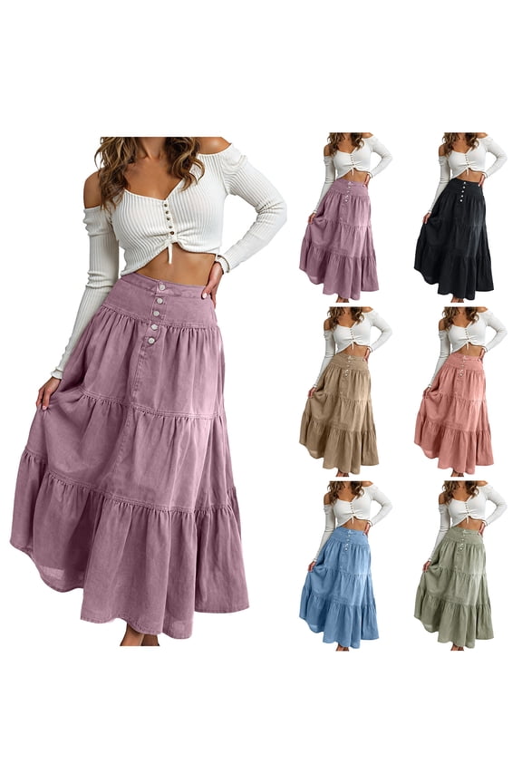 Women Tiered Ruffle Hem Denim Maxi Skirt Solid High Waist Buttons Jean Skirt Vintage Washed Swing Party Streetwear (Brown, S)