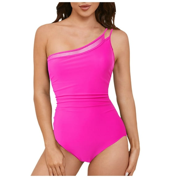 yueewhu Women Tummy Control One Piece Swimsuit Mesh One Shoulder Bathing Suit Modest Full Coverage Swimwear (Hot Pink, L)